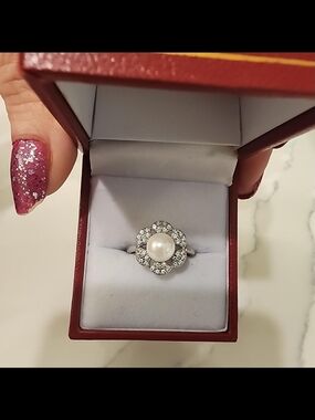 French Belle Epoque Pearl & Pavé Cocktail Ring 7 New